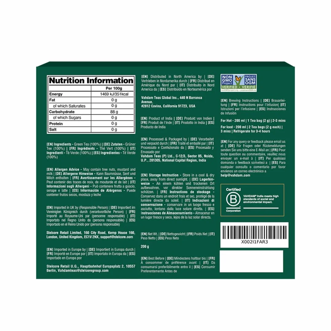 VAHDAM, Himalayan Té Verde (100 Piramidales Bolsitas De Té) 100% Pura Y Natural | Envasado Fresco En La India | Caliente, Frío O Como Kombucha