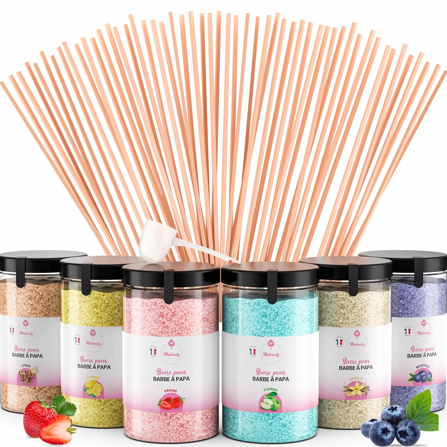 Misskandy® Kit de azúcar de algodón de 6 sabores, 72 porciones - Incluye 50 palitos para máquina de algodón de azúcar - Los sabores incluyen cola, vainilla, fresa, arándano, limón y manzana
