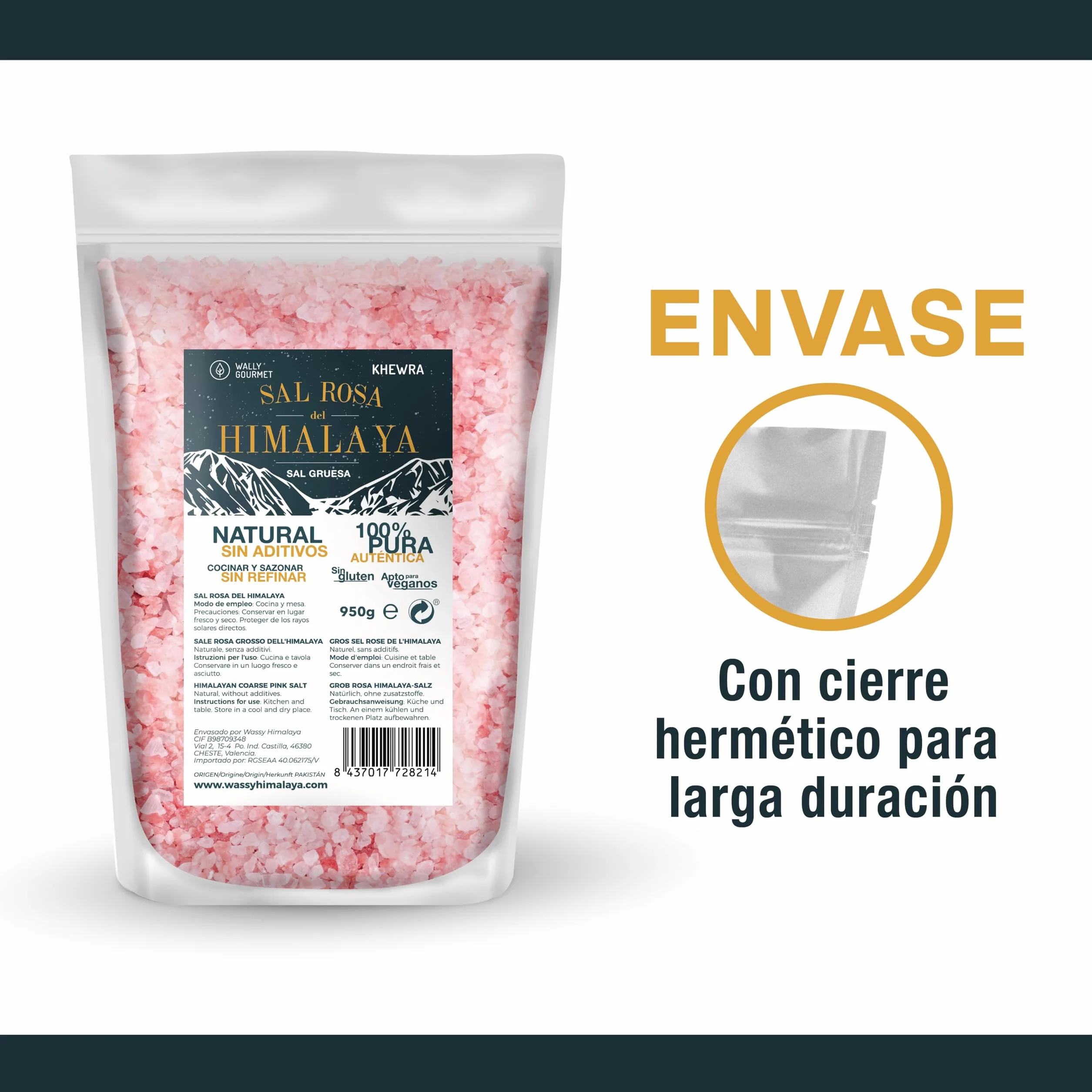 WALLY GOURMET Sal Rosa Del Himalaya Gruesa. 100% Natural, Sin Aditivos, Sin Refinado. Mayor Contenido En Oligoelementos. Para Sazonar Y Condimentar. Origen: Pakistán (950gr.)