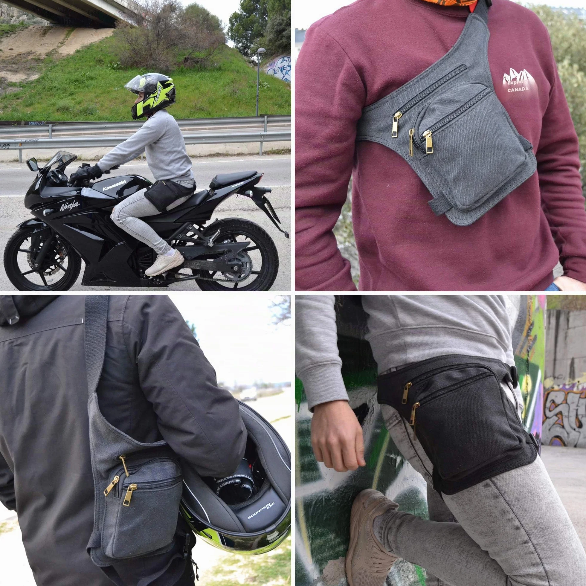Riñonera Pierna Lateral Moto con Cremallera 3 Bolsillos Doble Sujeción Negro Plomo