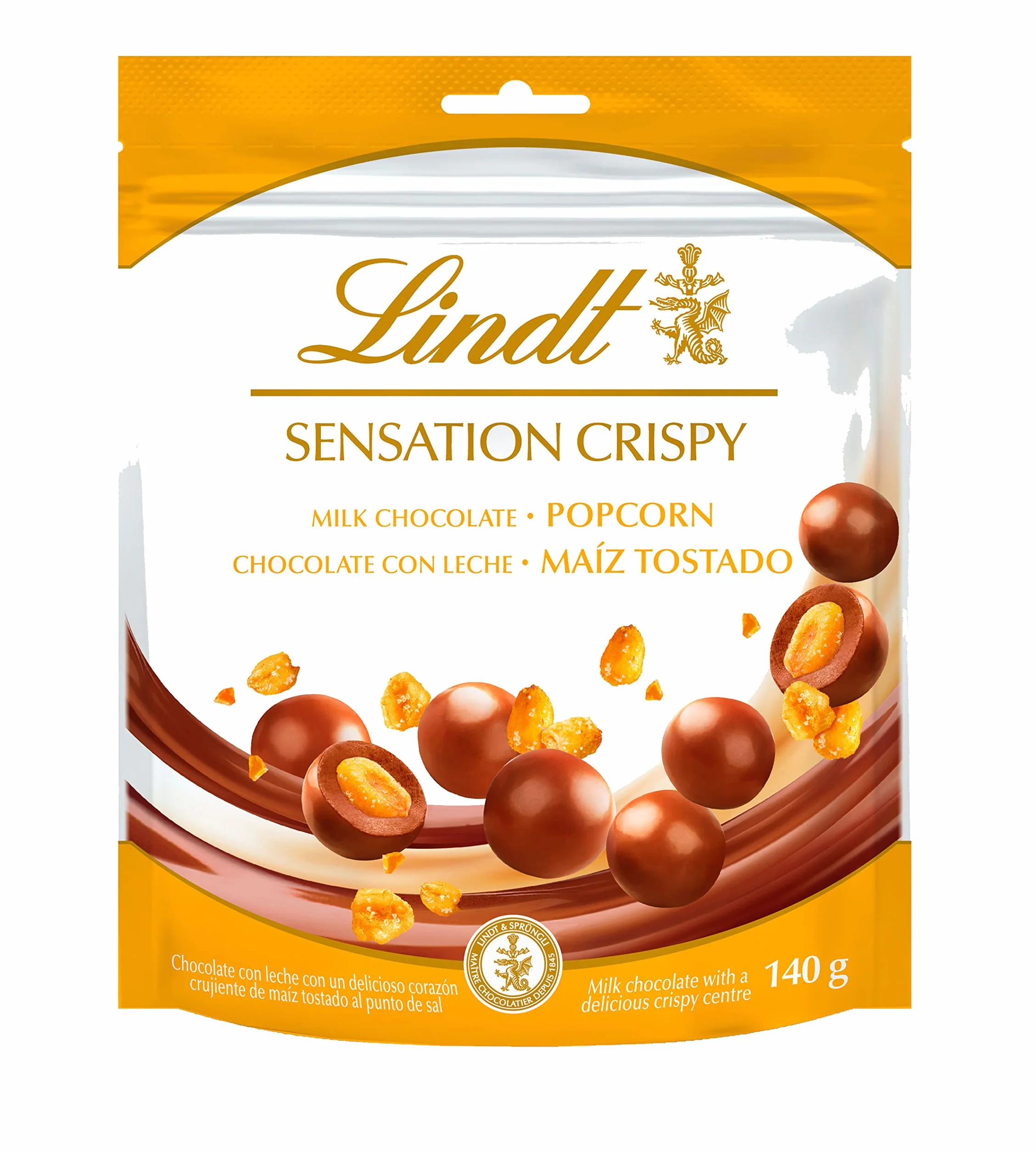 Lindt Sensation Crispy Maíz Tostado, bolas de chocolate con leche rellenas de maíz tostado, snack de chocolate Lindt, grageas de chocolate intenso y suave, 140g