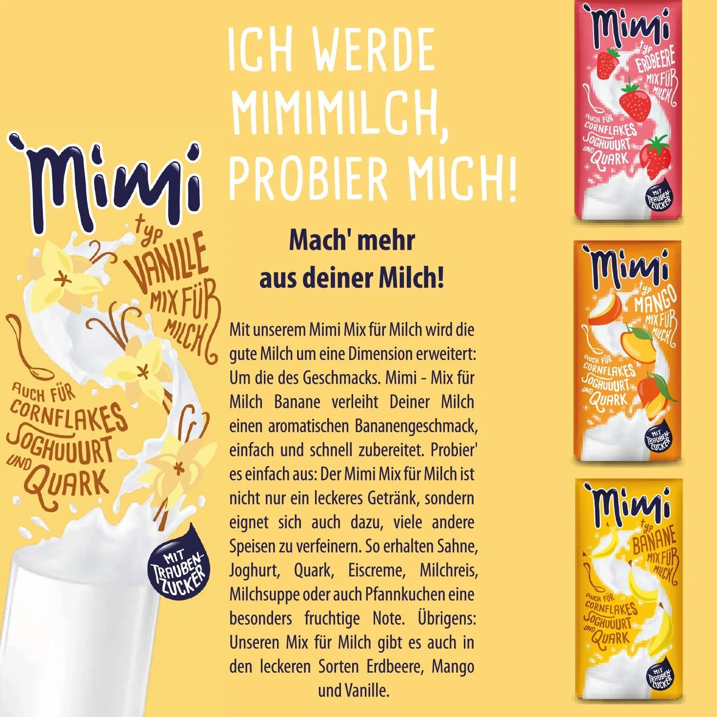 Mimi Milch-Mix Bebida Vainilla Bebida en polvo 12 x 400 g - Paquete de almacenamiento - Deliciosa bebida con sabor a vainilla - Soluble en frío y caliente - Ideal para ocio, oficina, familia grande
