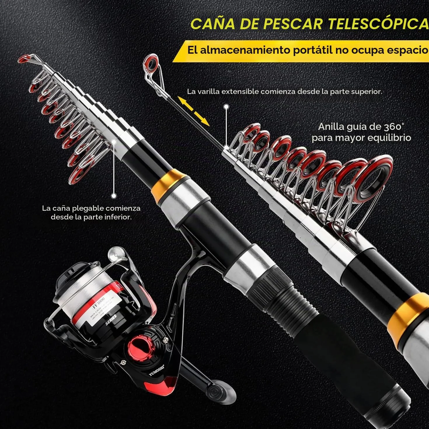 Kit de caña de pescar telescópico giratorio 2 uds 6.89 pies plegable con bolsa