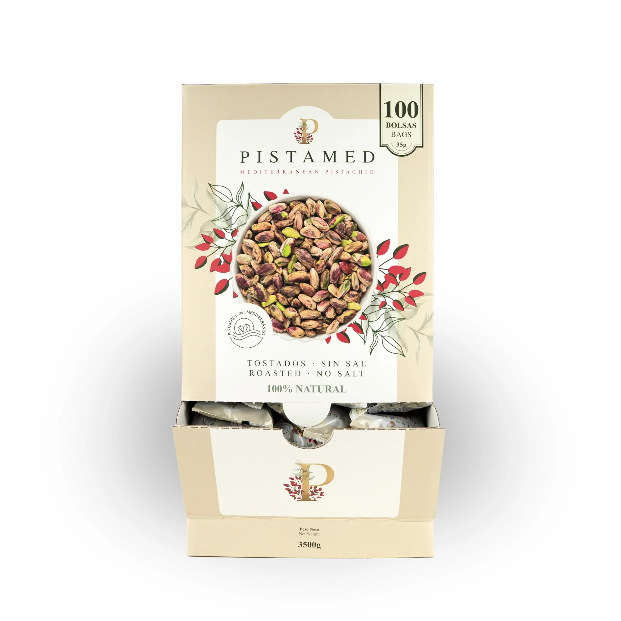 PISTAMED - Pistachos con Cáscara Sin Sal Tostados Artesanalmente - Alto Contenido en Fibra - Apto Veganos y Sin Gluten - Pack 100 x 35 g Formato Individual - Origen España - Snack Natural