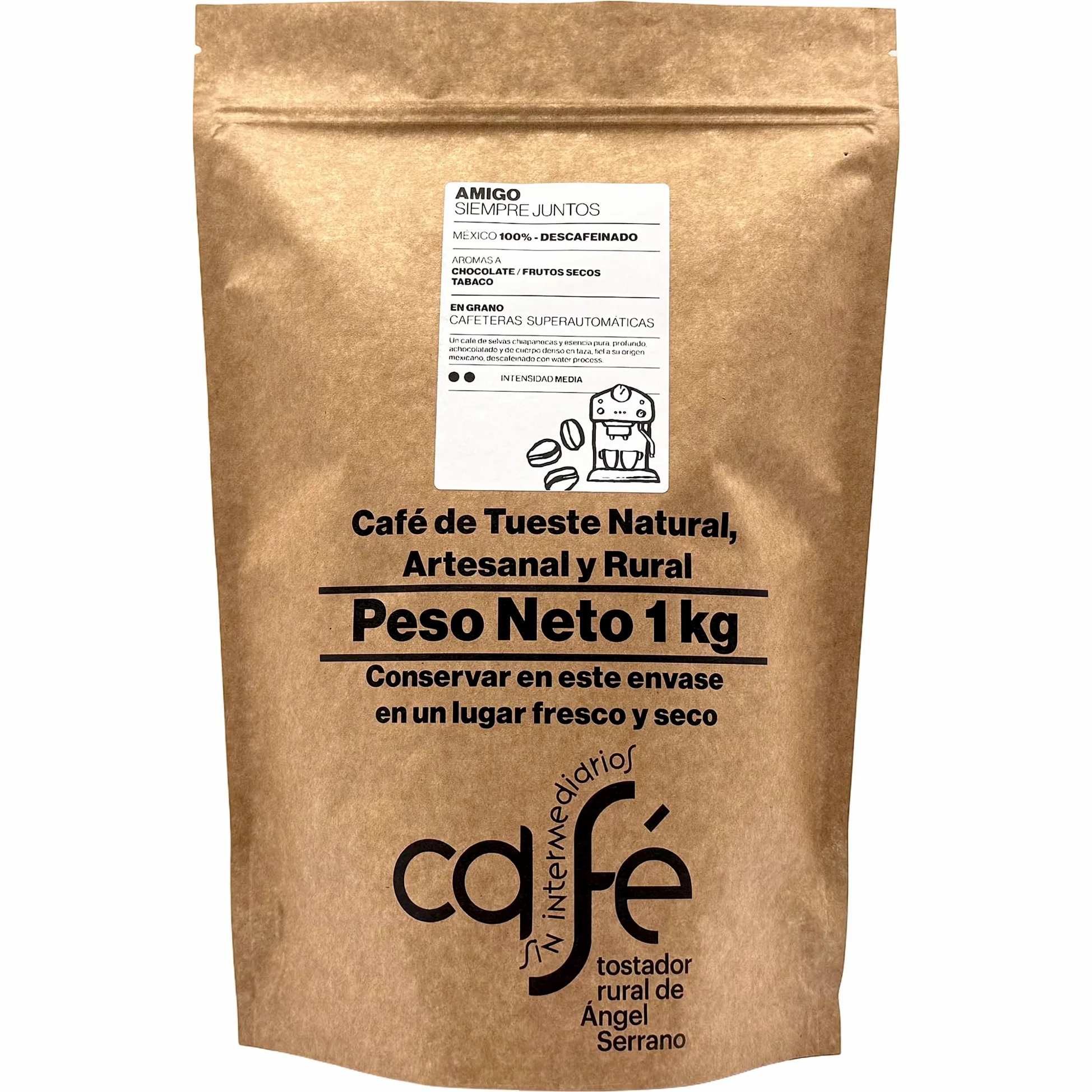 CAFÉ SIN INTERMEDIARIOS - 100% México - Amigo - DESCAFEINADO - Intensidad de sabor Media - Recién tostado y envasado - 1 kg en GRANO para cafeteras Superautomáticas