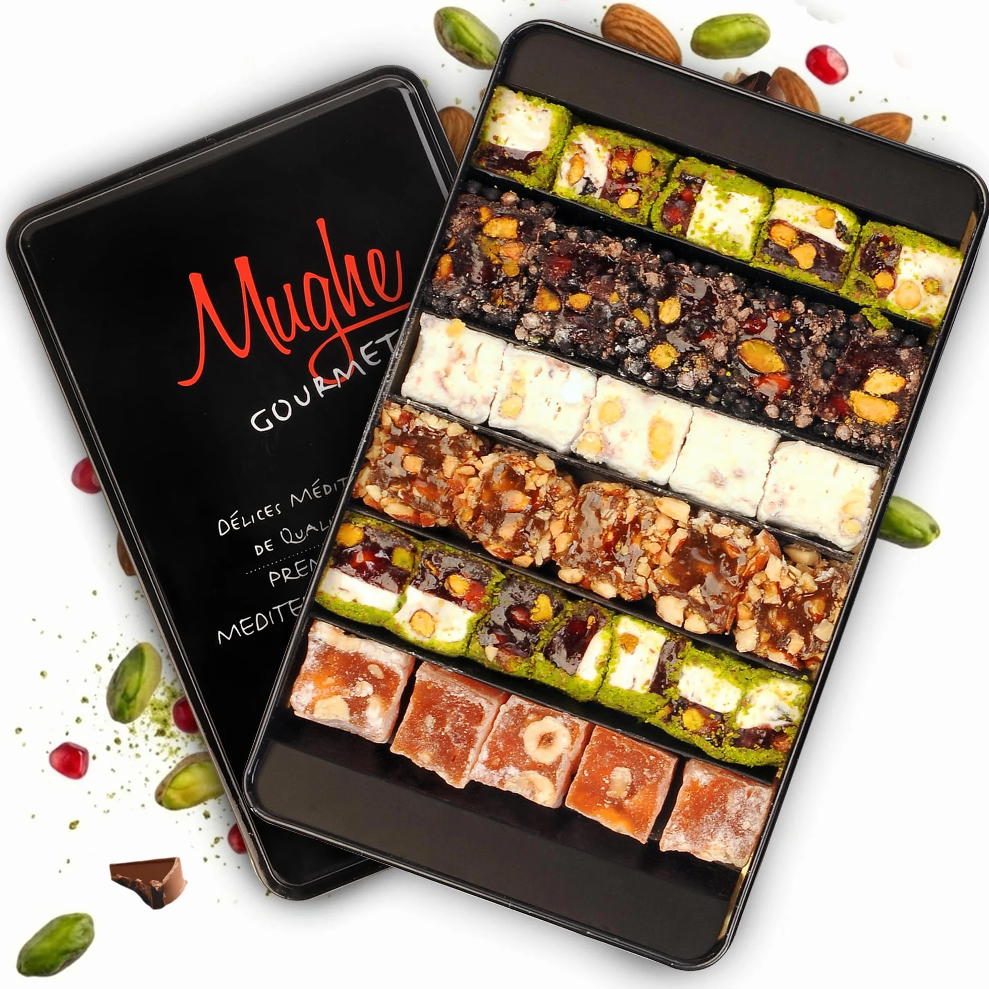 Mughe Gourmet Caja de regalo de delicias turcas gourmet surtidas Delicia turca de Pistacho, naranja, avellana y almendra - 650gr/1.43lbs - Halal y vegetariano - Regalos perfectos para cumpleaños y más