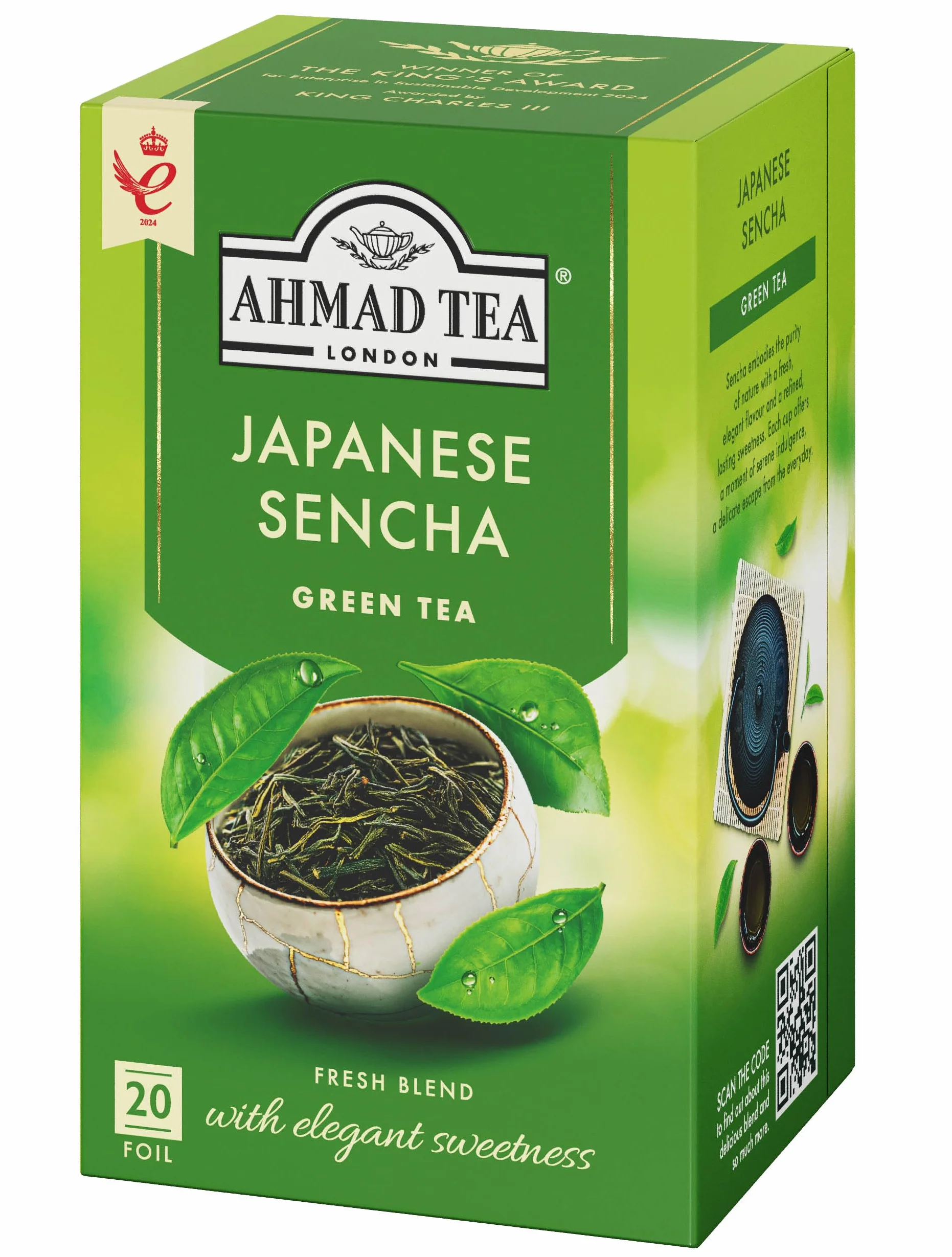 Ahmad Tea Japanese Sencha - Te verde con hojas tradicionales - Bolsitas de te selladas individualmente con 1,8 g de te por porcion - 20 bolsitas de te (paquete de 1)