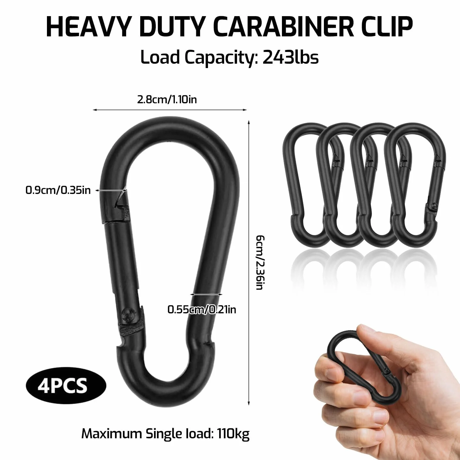 AzureRay 4 Piezas Mosquetones 60 x 28 mm Hierro Clips Seguridad para Viajes Camping Hamaca