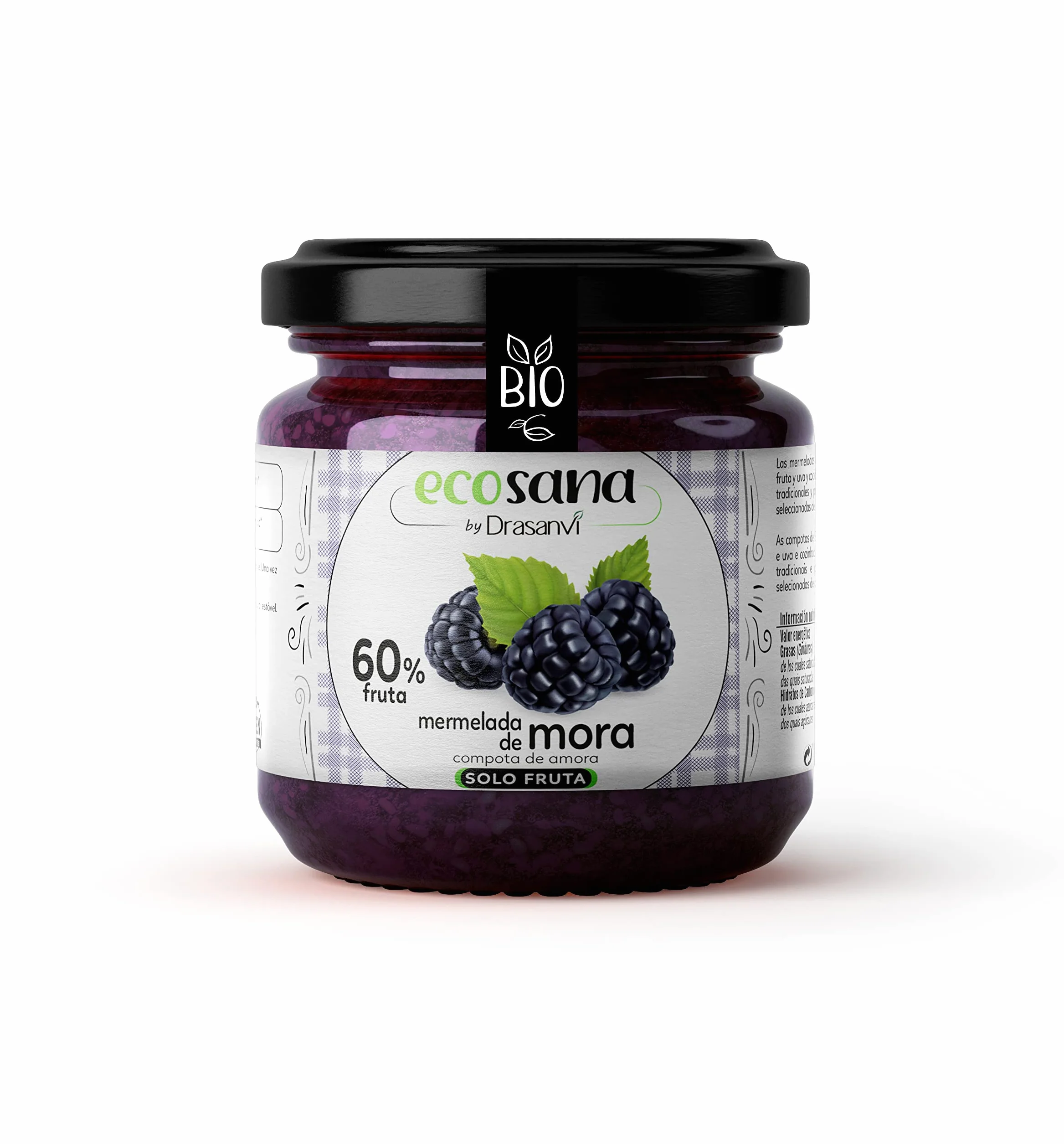 ECOSANA MERMELADA EXTRA MORA SIN AZÚCAR CERTIFICADO BIO by DRASANVI - VEGANO - SIN GLUTEN - 250g