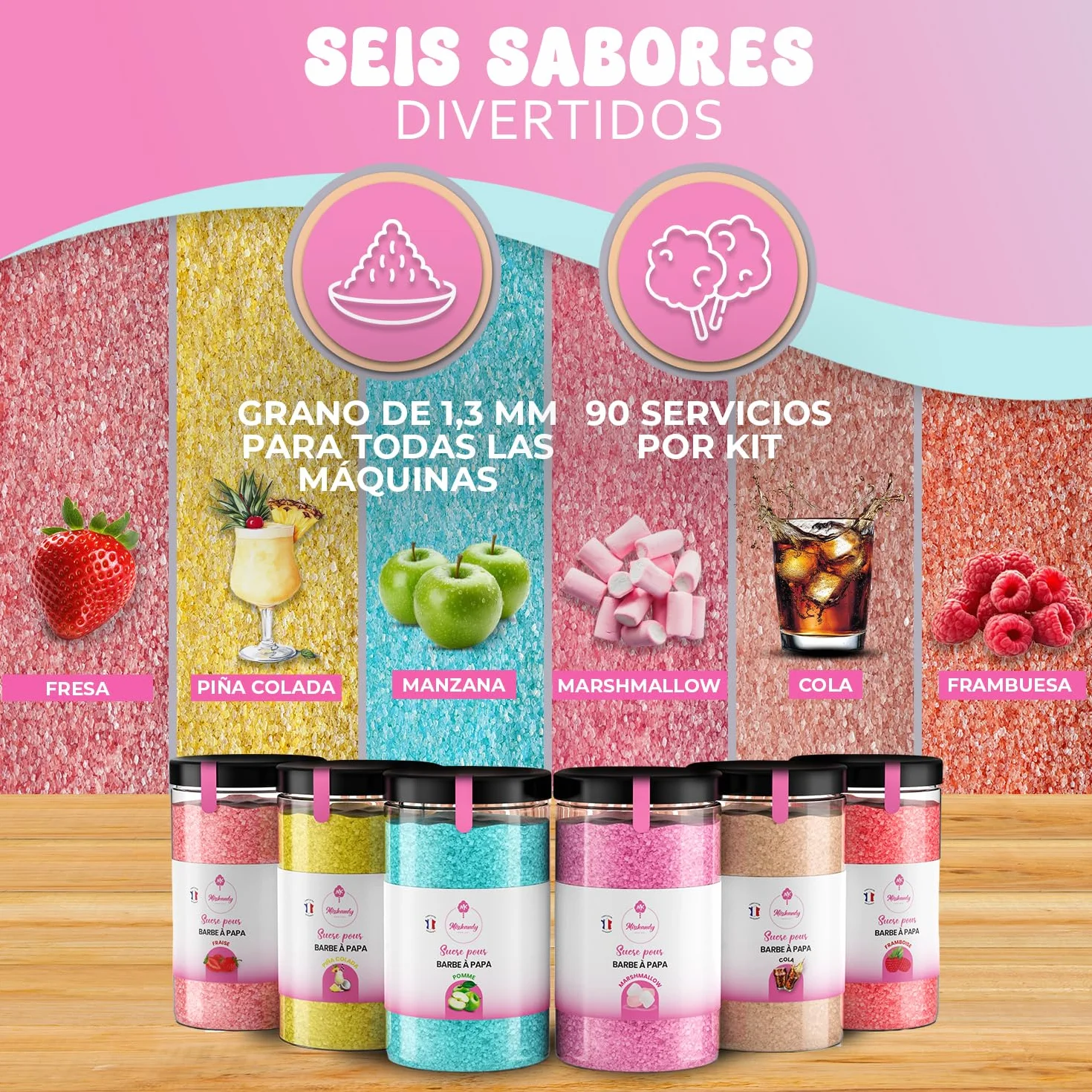 Misskandy,azucar para algodon de azucar/para máquina 1,8 kg (6 * 300g)/sabores: fresa, manzana, malvavisco, cola, frambuesa, piña colada, + 50 palos (30 cm) (ofrecido)