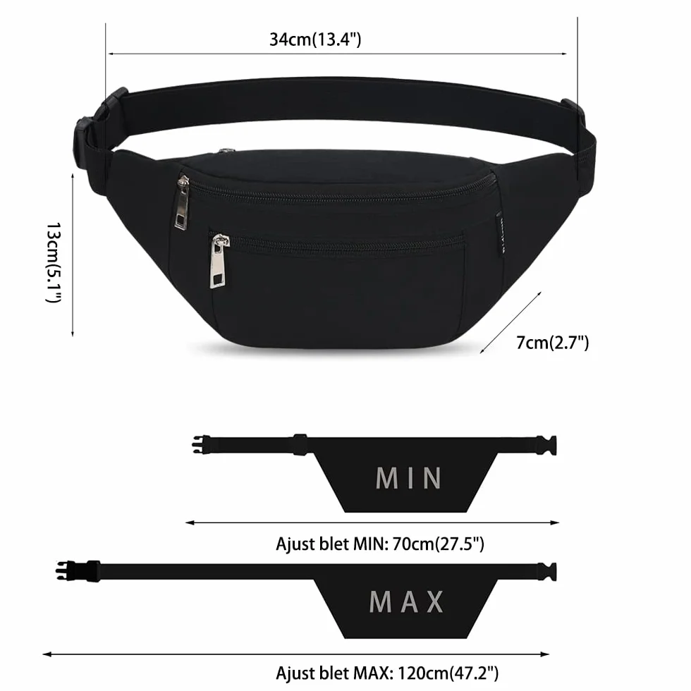 Riñoneras Deportivas Ajustables para Hombre y Mujer, Bolsa Bandolera para Gimnasio, Viajes, Correr, Senderismo (Negro)