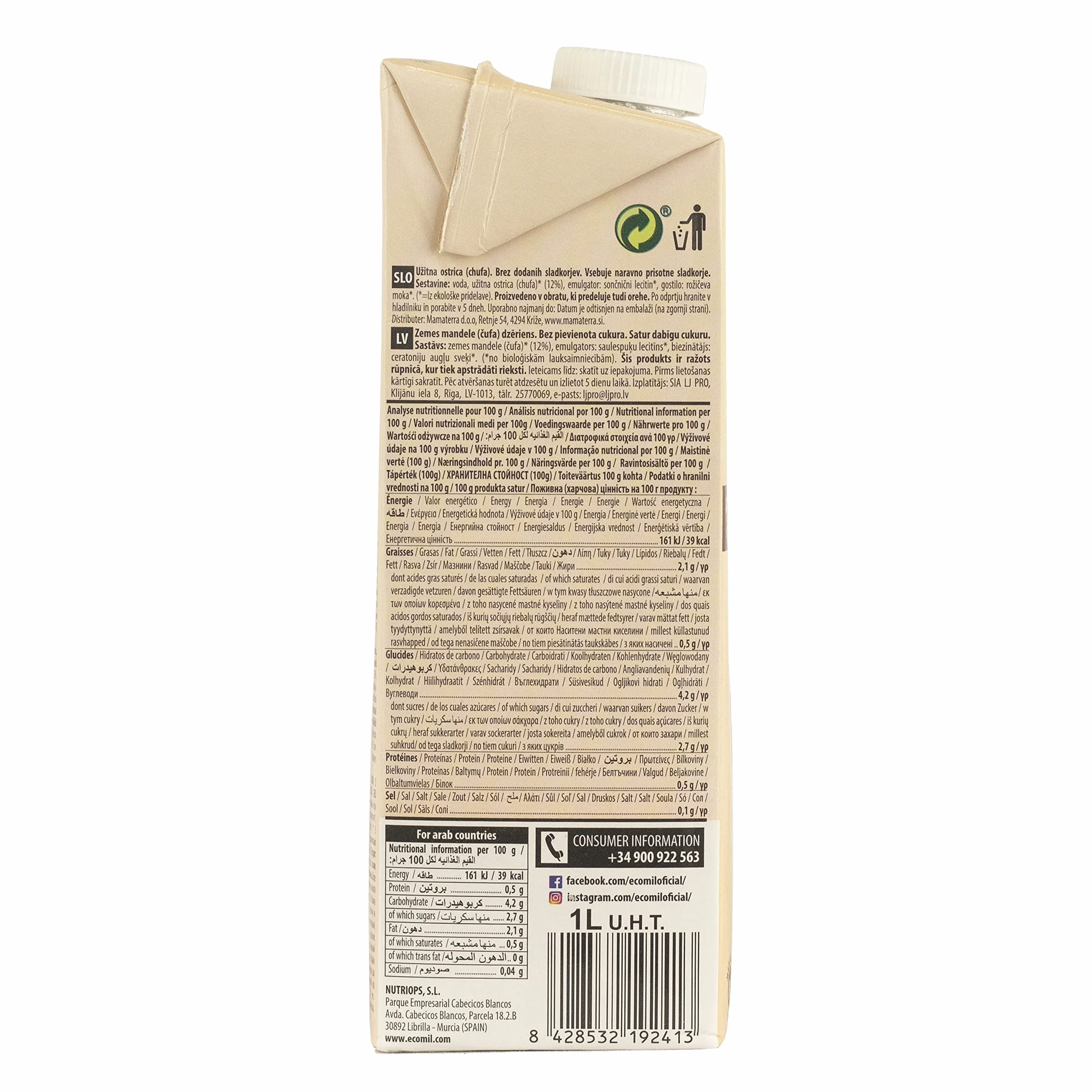 Ecomil - Bebida Vegetal de Chufa BIO, Sin Azúcares Añadidos, Vegano, Sin Lactosa, Sin Gluten - Pack 6 unidades de 1L