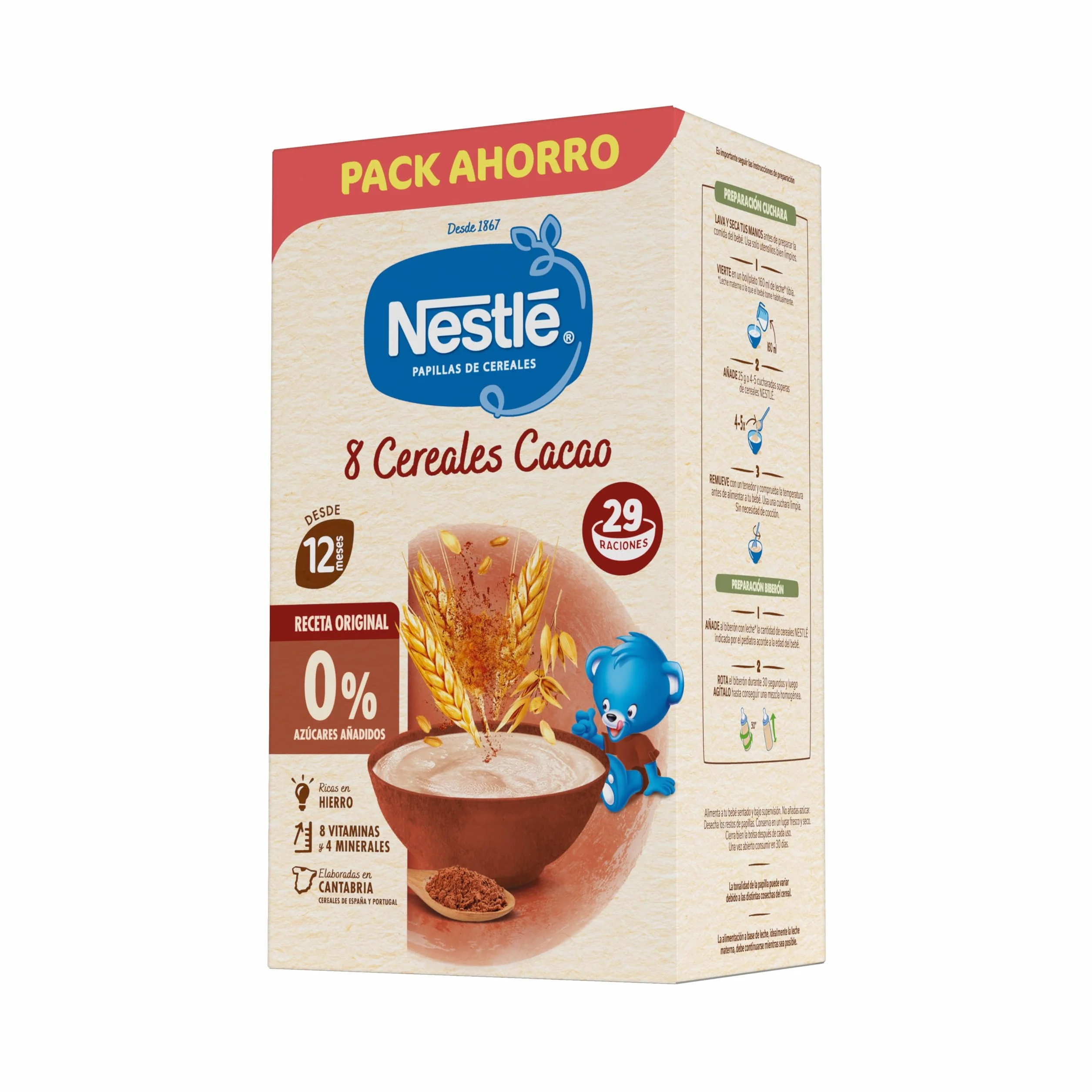 Nestlé Papilla 8 Cereales con Cacao, sin azúcares añadidos, a partir de los 12 meses, 725 g