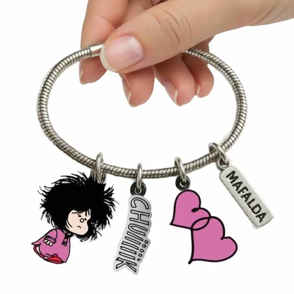 Pulsera con Charms Mafalda Despeinada Licencia Oficial Quino Rosa Acero Inoxidable