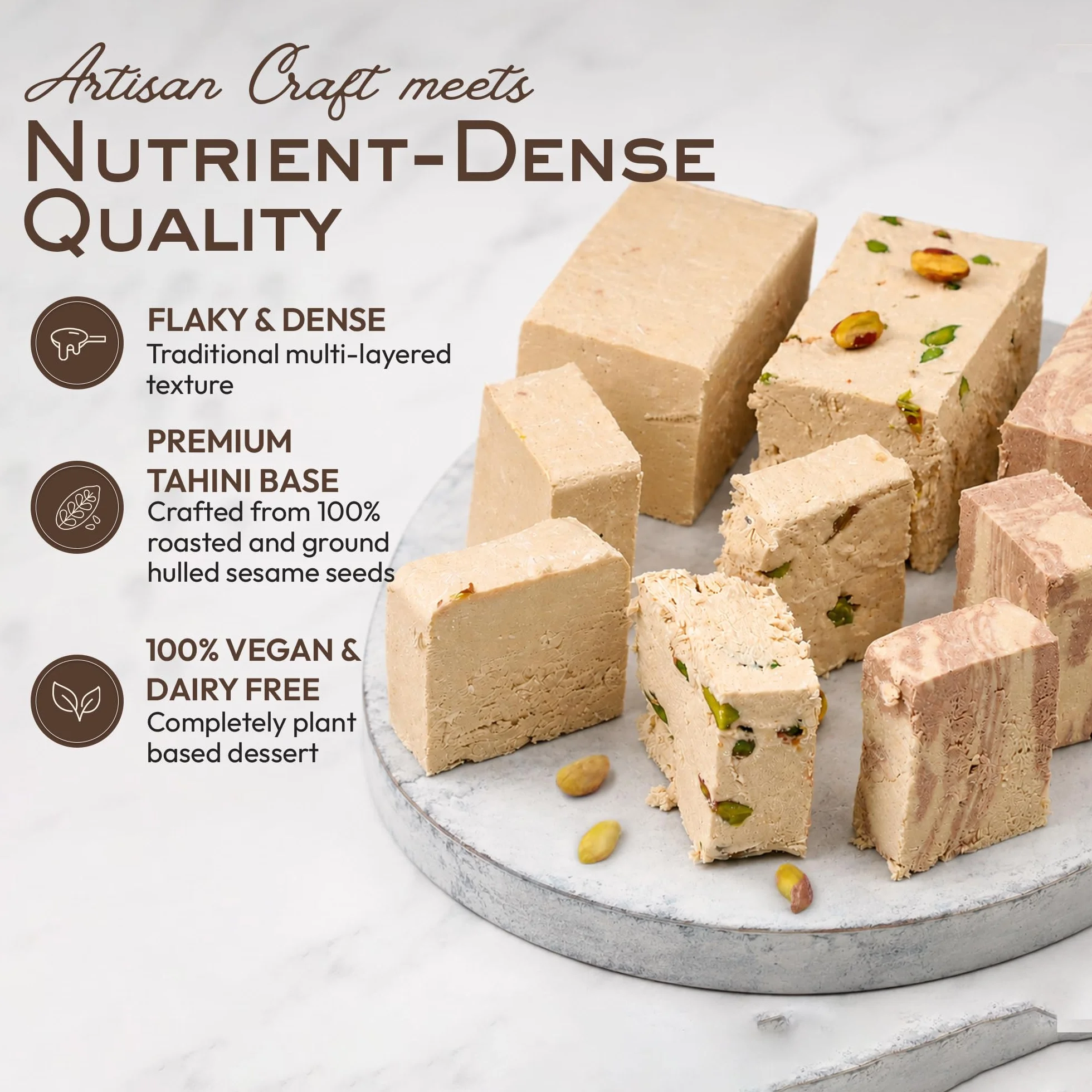 Mughe Gourmet Assortment de Halva 850g en Elegante Caja de Regalo de Lata -3 Barras de Halva de Sésamo y Tahini Marmoladas: Pistacho, Cacao, Vainilla - Halawa Turca, Dulce Vegano -Ocasiones Especiales