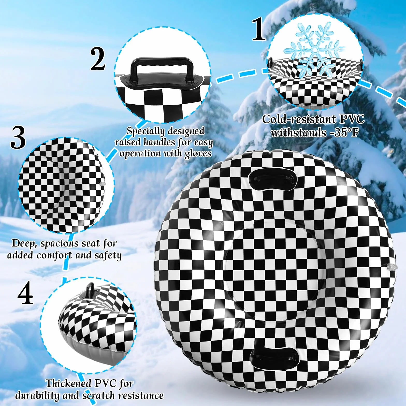 Bandera a Cuadros Blanca y Negra 101cm PVC Resistente al Frío Trineo de Nieve Inflable con Asas Elevadas