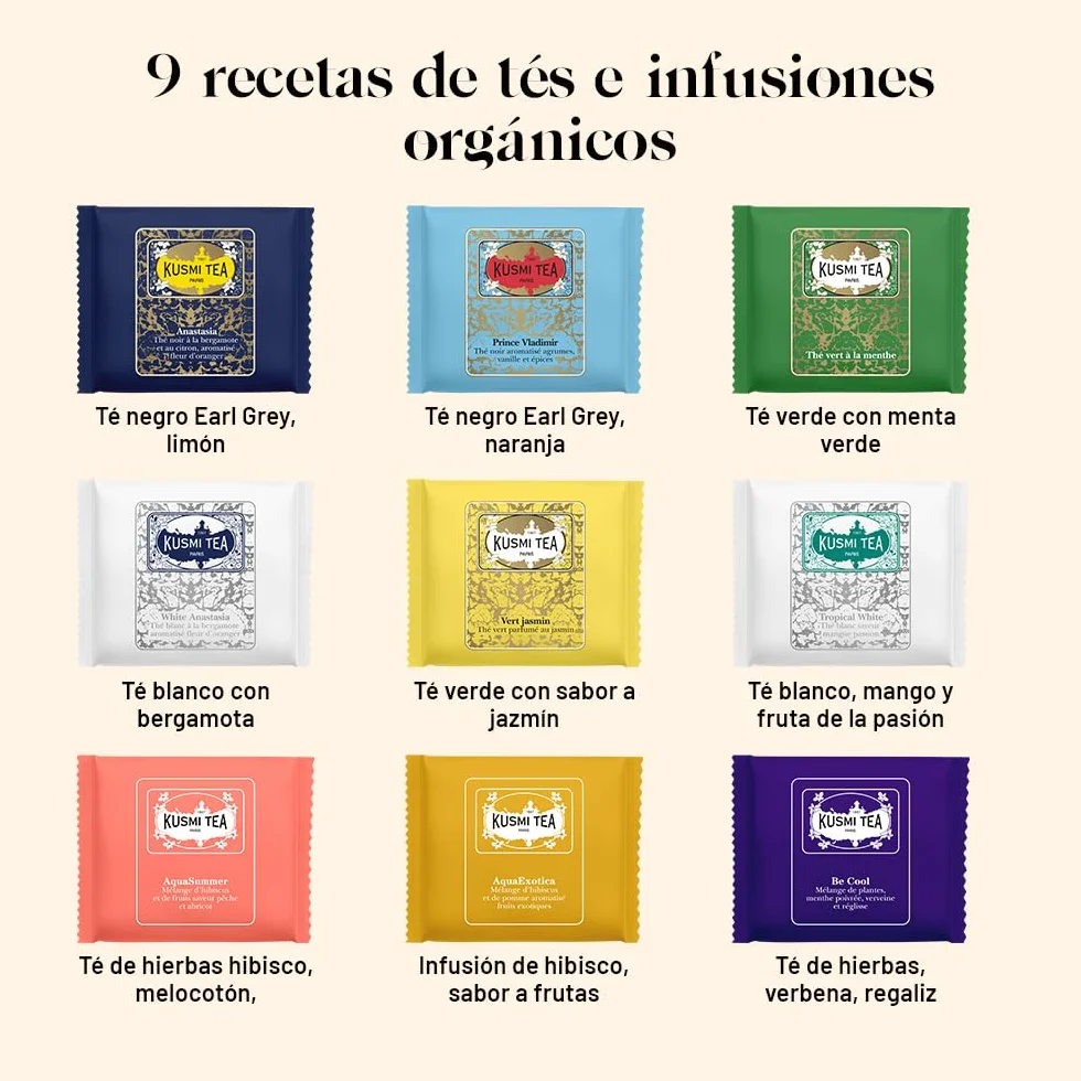 Kusmi Tea - Surtido de Té para Regalo para Mujer o Hombre - 100% Orgánico - Caja de Infusiones - Té Verde, Negro, Blanco, Hibisco - 9 Sabores, 45 Bolsitas - Set de Descubrimiento Kusmi