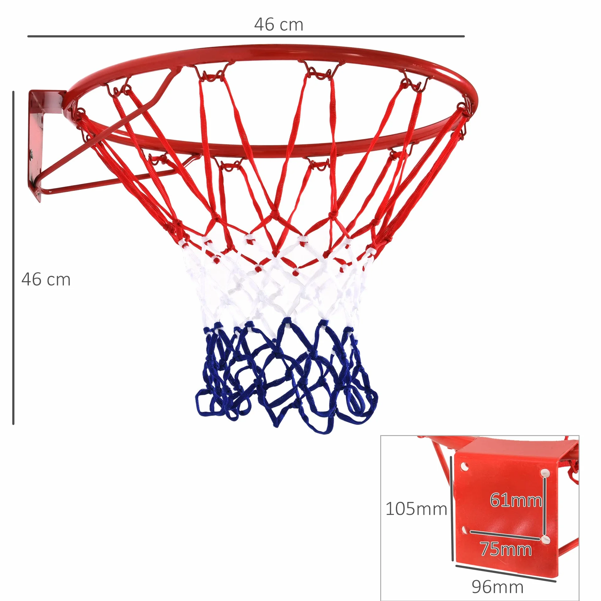 HOMCOM Canasta de Baloncesto de Pared Ø46 cm Aro con Red Marco Metálico 12 Ganchos Rojo