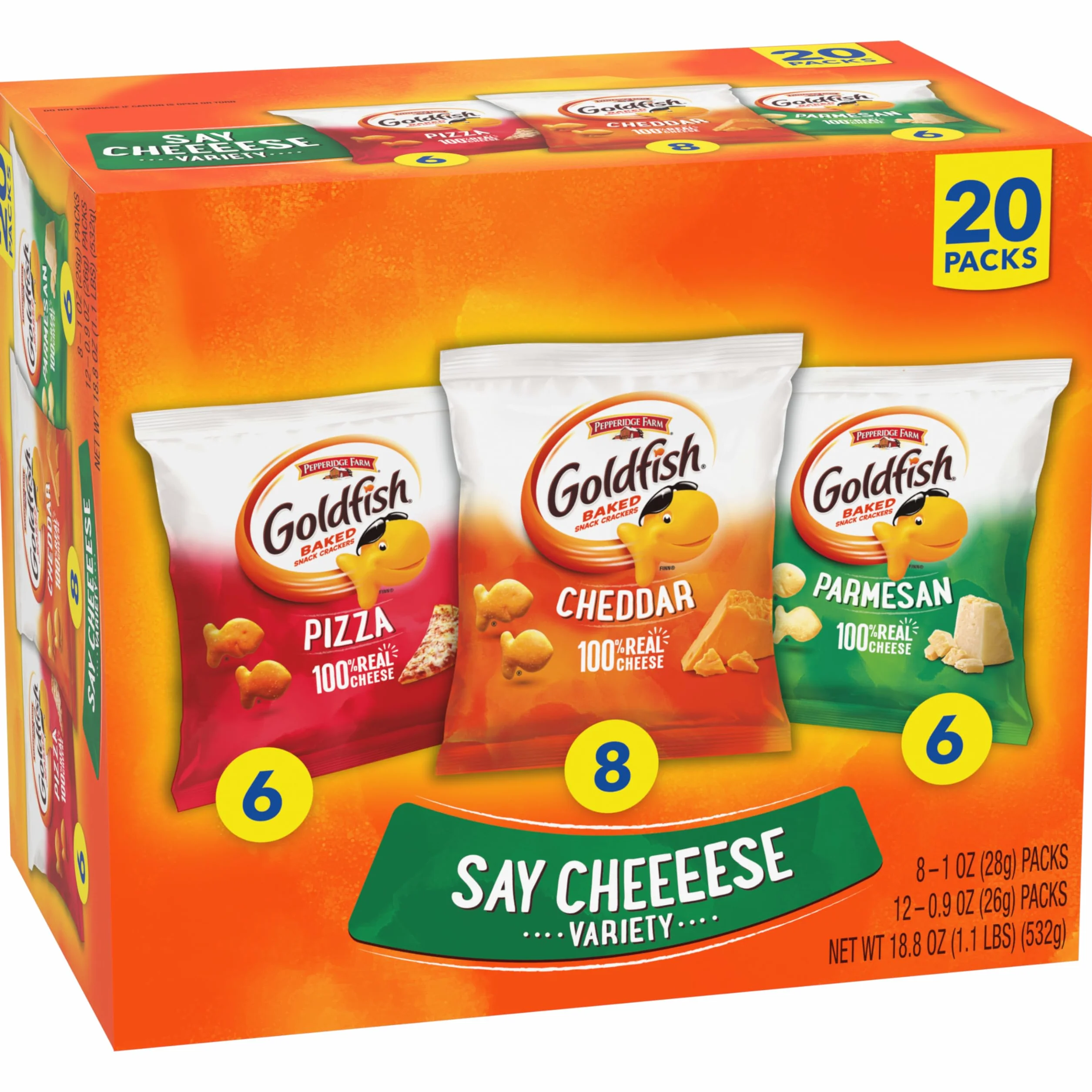 Pepperidge Farm Goldfish Crackers Say Cheeeese variedad con cheddar, pizza y parmesano, 20 paquetes de aperitivos