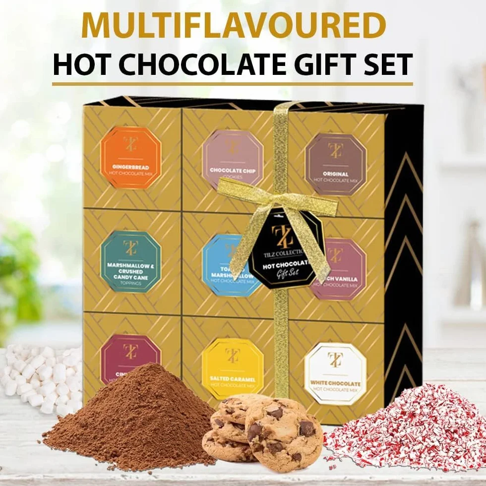 Set de regalo de chocolate caliente: bebidas de chocolate caliente con sabores variados, selección de malvaviscos tostados, avellanas, pan de jengibre, vainilla salada, canela, chocolate blanco