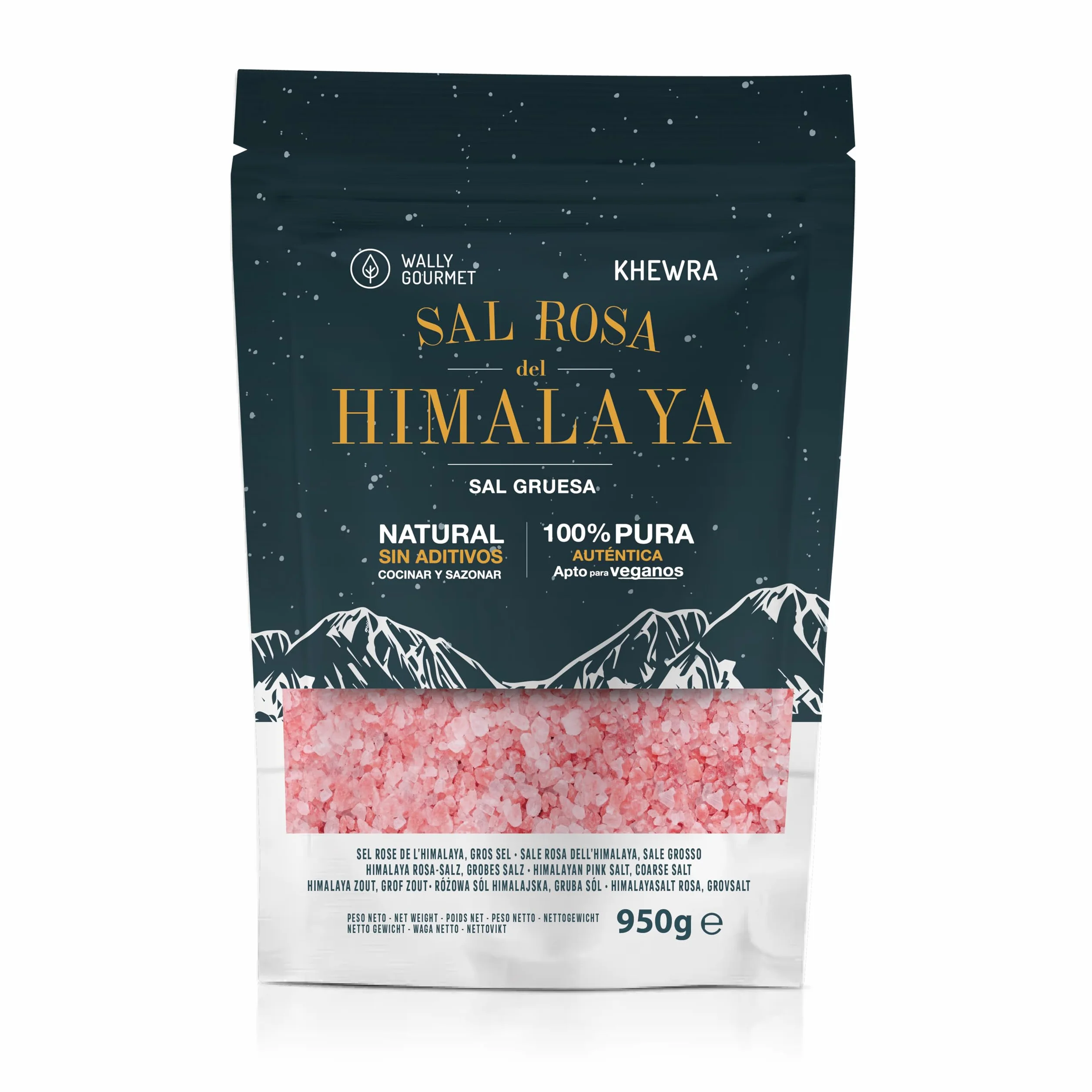 WALLY GOURMET Sal Rosa Del Himalaya Gruesa. 100% Natural, Sin Aditivos, Sin Refinado. Mayor Contenido En Oligoelementos. Para Sazonar Y Condimentar. Origen: Pakistán (950gr.)