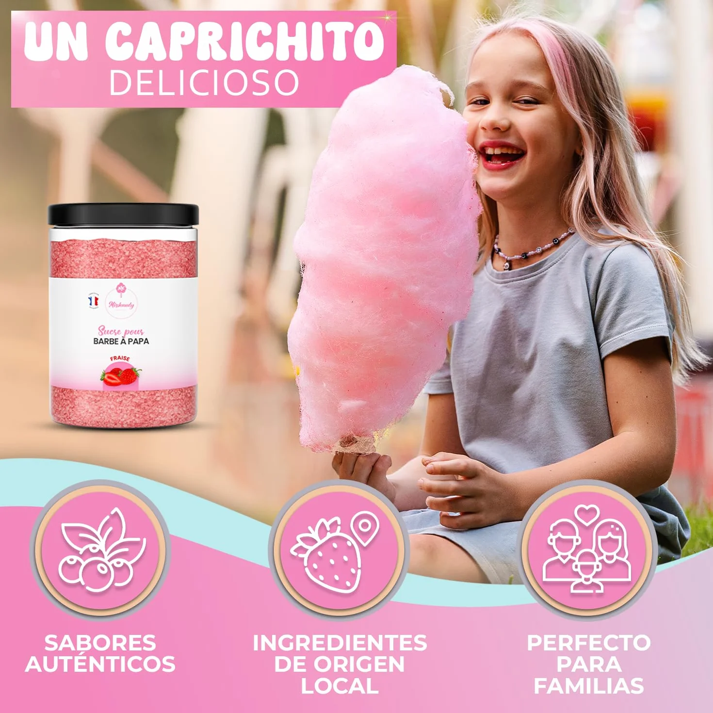 Misskandy-Azúcar para Algodón de Azúcar, Fresa 1,4 kg (Sabores y Colorantes Naturales) +50palitos