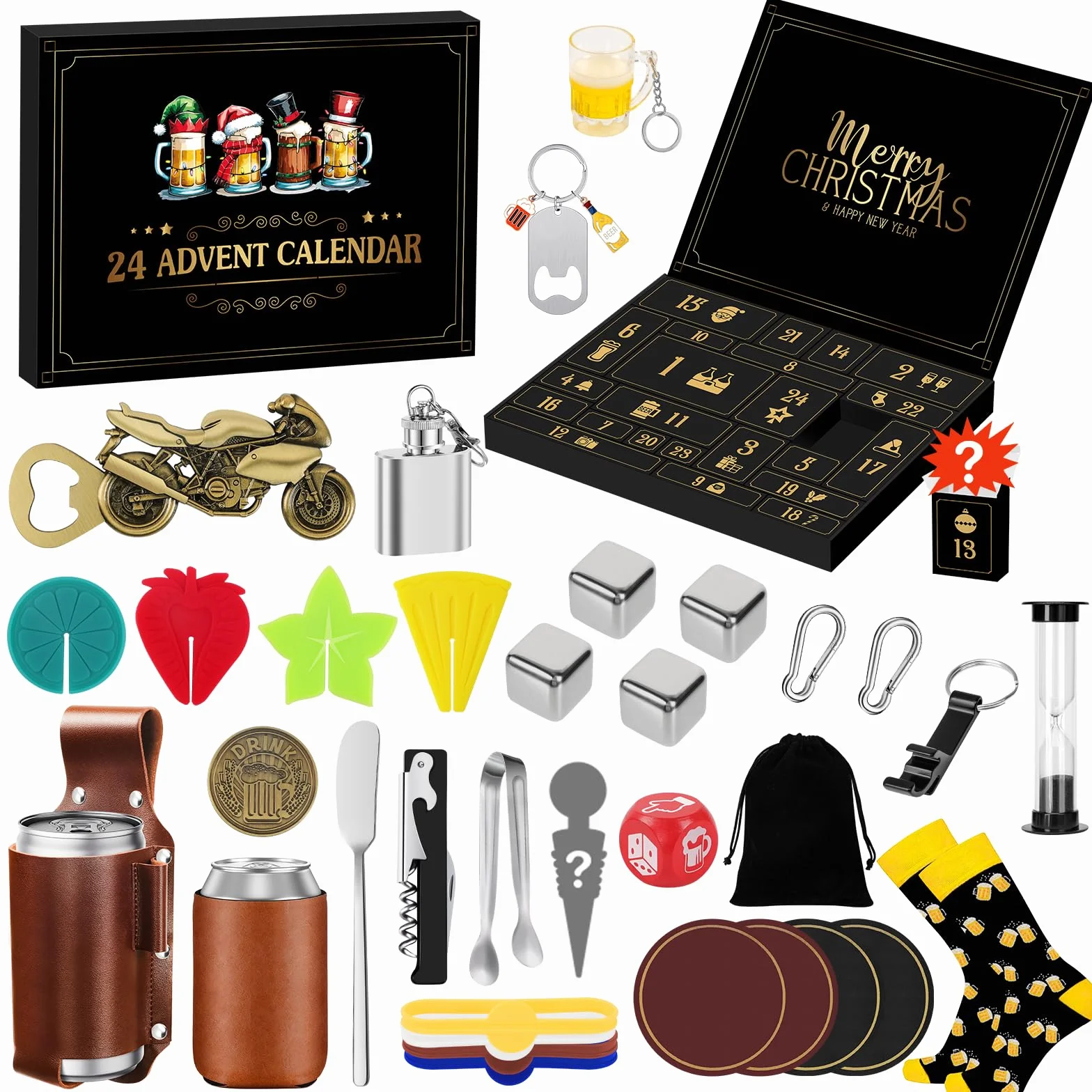 Calendario Adviento Hombre 2025 con 24 Regalos Originales Set Vino Petaca Abridor Posavasos