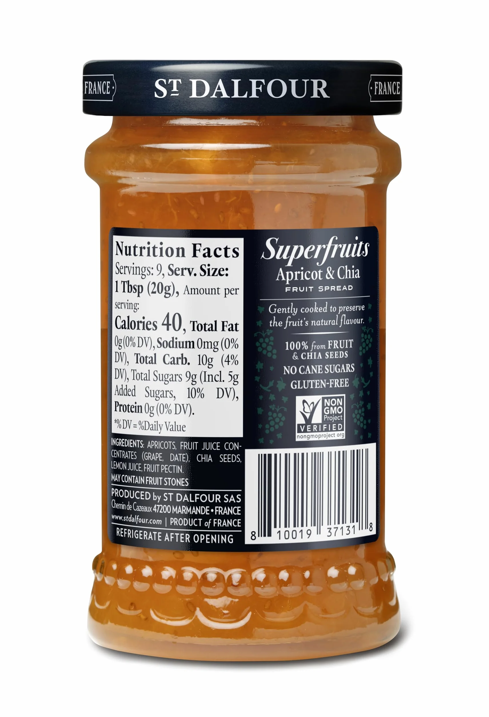 St Dalfour SUPERFRUITS ALBARICOQUE & CHIA | Fruta triturada | Mermelada natural 170gr | 100% fruta sin azúcares añadidos
