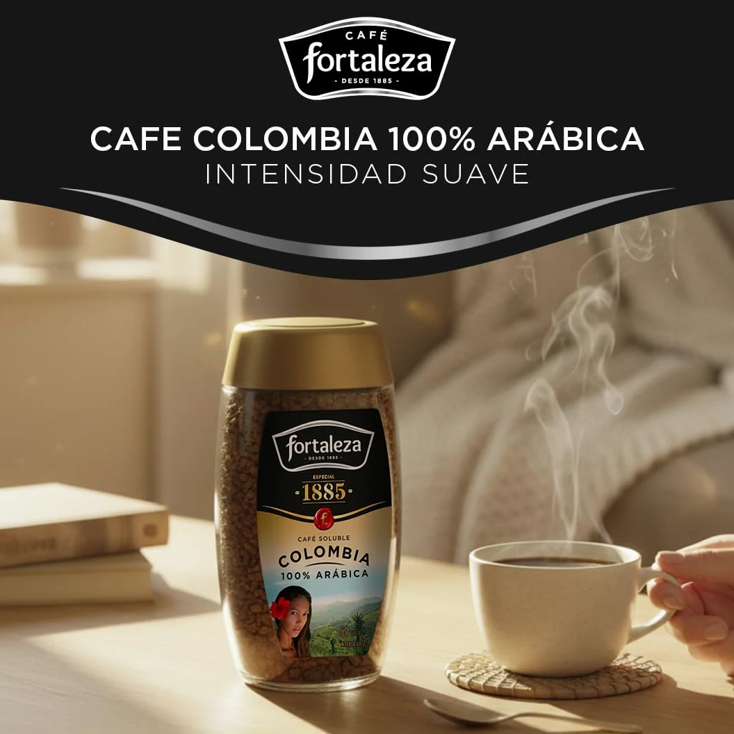 CAFÉ FORTALEZA Café Soluble 100% Arábica de Colombia Pack 100g x 6 (Total 600g) - Café Instantáneo Suave con Matices Florales y Herbales - Café Soluble de Tueste Natural para Despertar tu Día