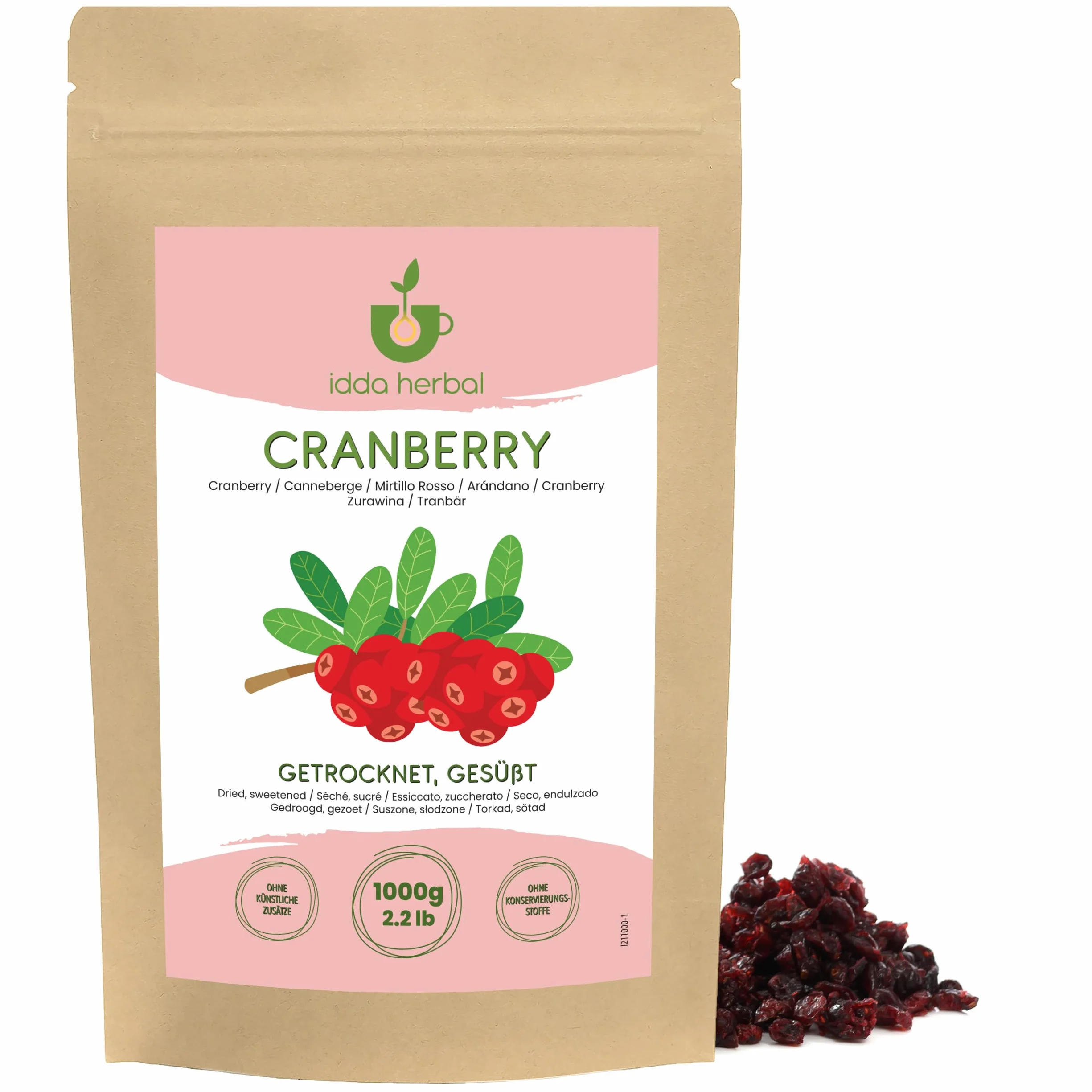 IDDA Herbal Arándanos Rojos Deshidratados 1kg, Arándanos Rojos Secos, Endulzados con Jugo de Manzana