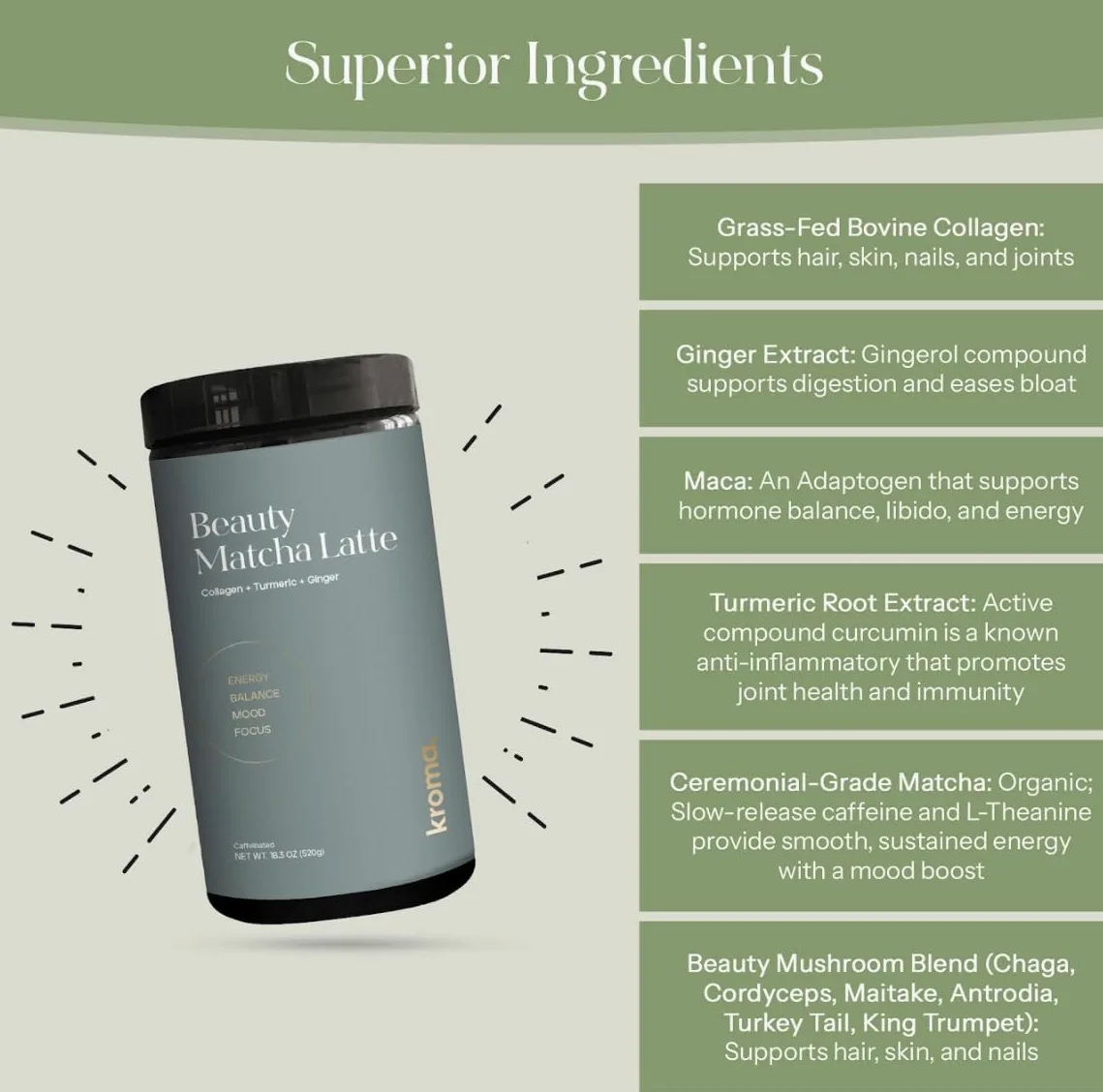 Kroma's Beauty Matcha Latte en polvo, 503 g, 60 porciones, colágeno ceremonial de grado ceremonial, té verde matcha con proteínas para una piel radiante y soporte capilar con colágeno bovino, con