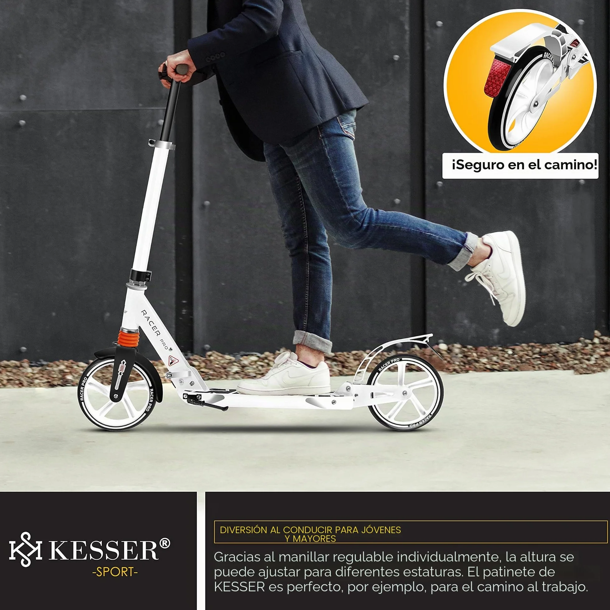 KESSER City Scooter 205 mm Ruedas PU Big Wheel Pro-S Kick Scooter Doble Suspensión Plegable Regulable en Altura