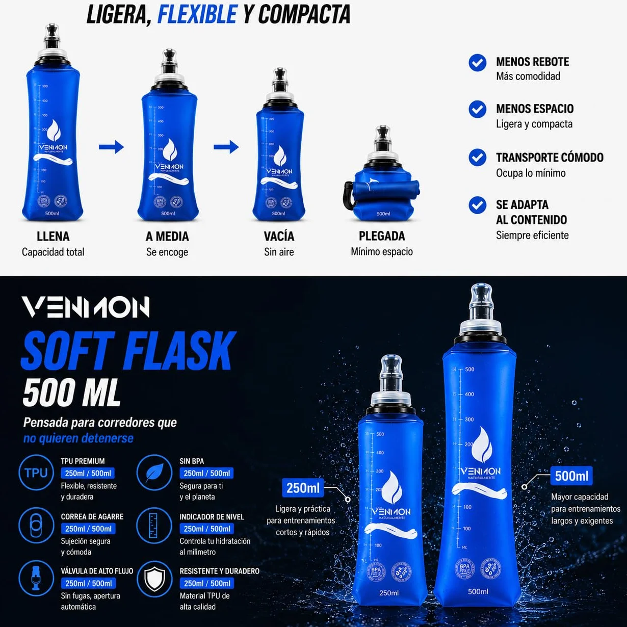 Pack de 4 Soft Flask 250ml y 500ml Botella Plegable Agua Running TPU Libre BPA Válvula Antigoteo