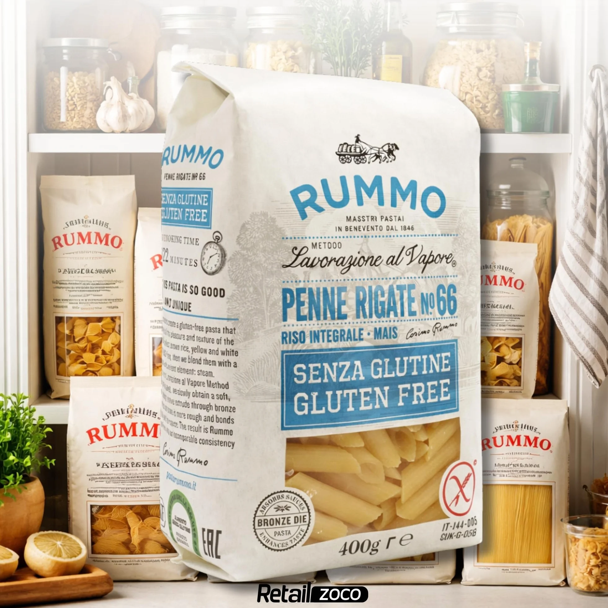 Pasta Rummo Penne Rigate SIN Gluten Nº66, Pasta Italiana, Pasta alimenticia con harina de arroz integral y maíz, Sin gluten, Elaboración lenta, Tiempo de cocción 12 minutos, 6 Paquetes de 400 gr