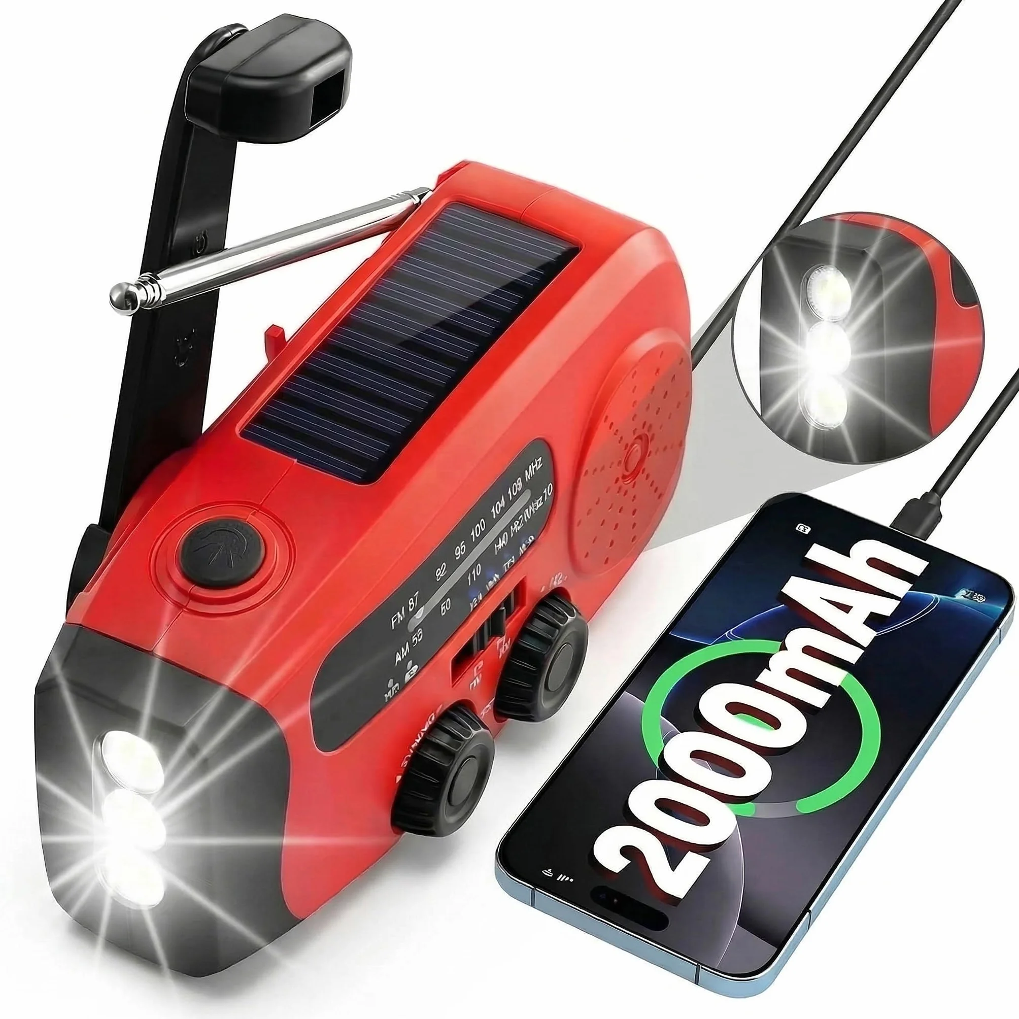 Radio Portátil de Emergencia Solar con Powerbank 2000mAh y Linterna LED, SOS-Alarm para Camping y Huracán