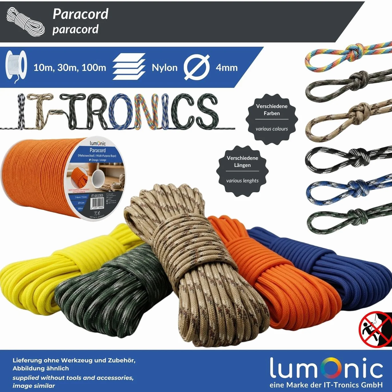 Lumonic 10m Paracord 4mm Amarillo fluorescente 100% nailon 7 núcleos 32 filamentos 250 kg
