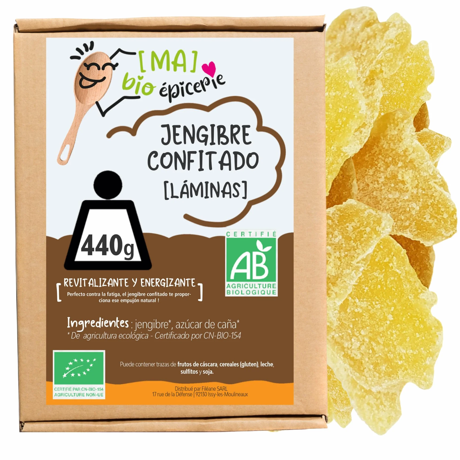 MA bio-épicerie - Jengibre Confitado Ecológico en Láminas 440 g - Jengibre Deshidratado a Granel sin Conservantes - Fruta Confitada Eco para Cocina y Degustación